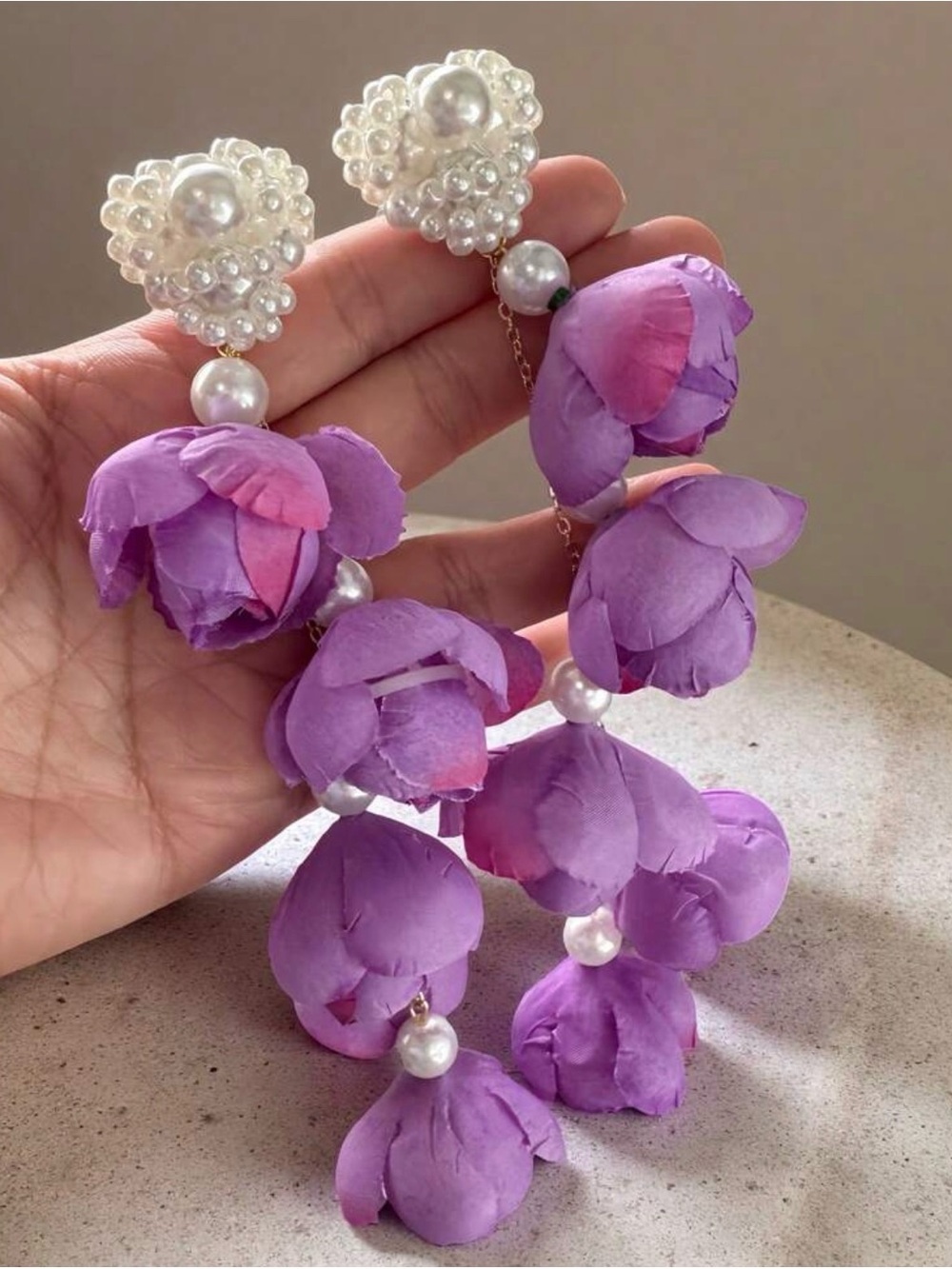 Lavender Floral Drop Earrings with Pearl Cluster - Picture 4 of 4